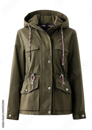Olive-green hooded jacket with drawstring details