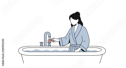 Woman in Robe at Bathtub Faucet Filling Water in Clean White Interior with Minimalist Design for Domestic Lifestyle and Personal Hygiene Illustration