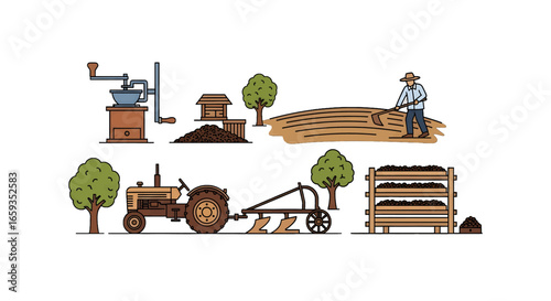 Pixel Art Depicting a Farming Scene with a Tractor and Farm Worker on a White Background Detailed Illustration of Agricultural Elements