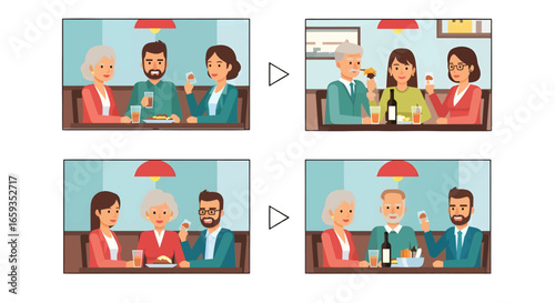 Pixelated Restaurant Scenes with People Dining Together and Enjoying Food and Drinks in an Indoor Setting