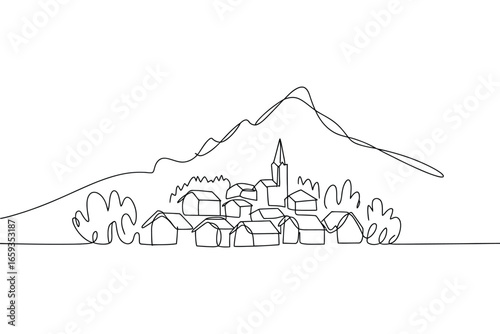 Minimalist village scene with mountain backdrop in single line art