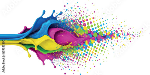 Colorful paint splash exploding particles abstract white artwork 
