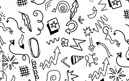 Fun black line doodle seamless pattern. Creative abstract style art background for children or trendy design with basic shapes. Simple childish scribble wallpaper print.
