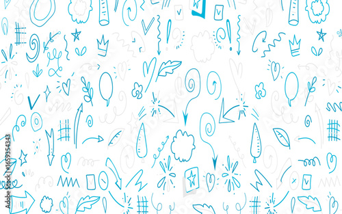 Fun blue line doodle seamless pattern. Creative abstract style art background for children or trendy design with basic shapes. Simple childish scribble wallpaper print.