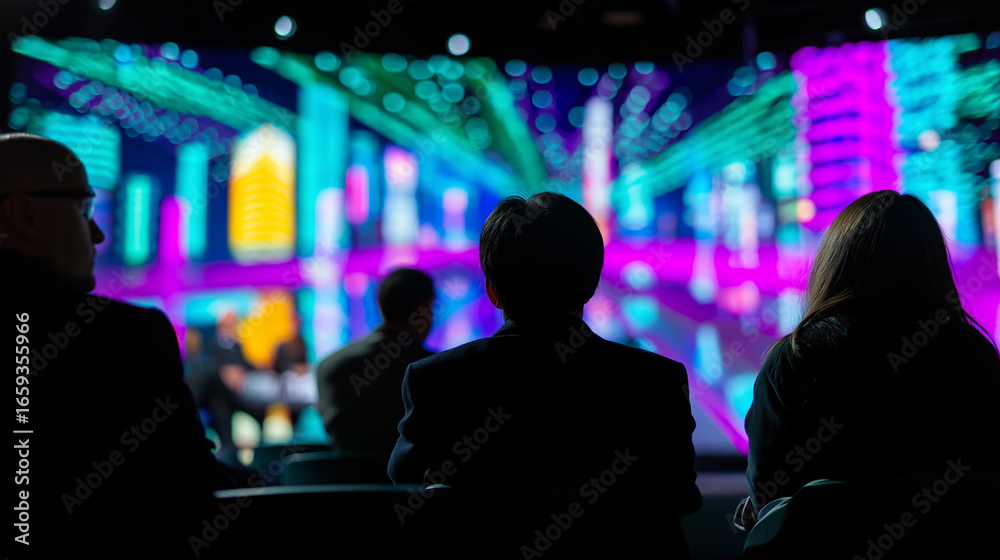 Naklejka premium Audience watching a futuristic digital presentation with neon city visuals. 