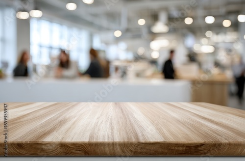 Light-colored wooden table top, out-of-focus interior scene