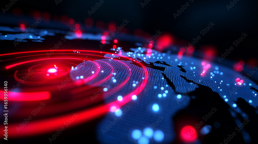 Fototapeta premium Digital map showing an earthquake epicenter with red concentric waves and glowing data points across a global grid.