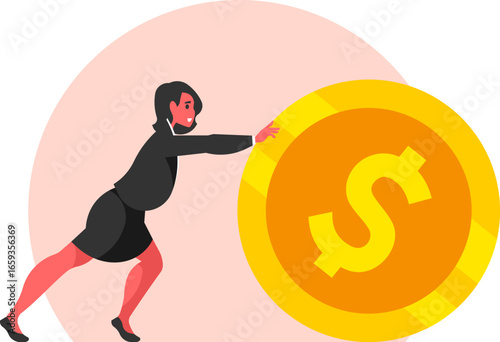 Businesswoman Pushing a Coin Vector Illustration