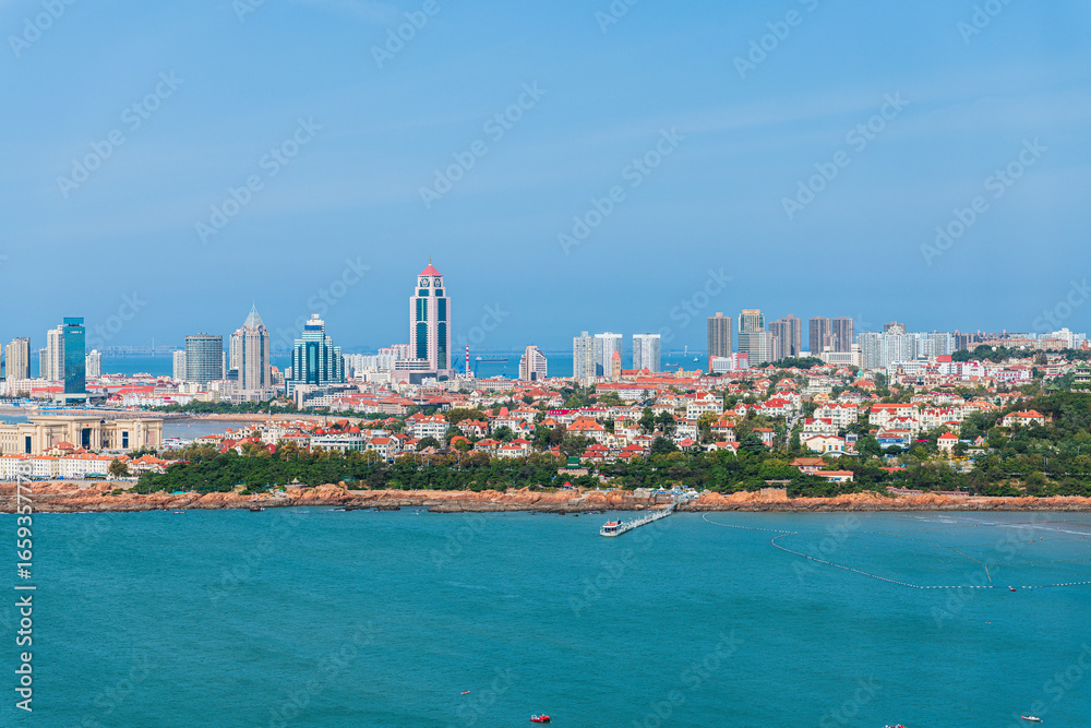 Fototapeta premium High angle view of Qingdao coastal city scenery
