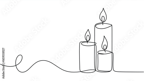 Minimalist single line drawing of three burning candles