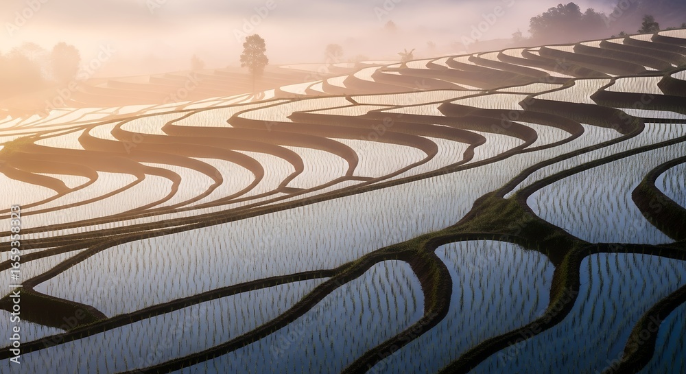 Fototapeta premium Misty Morning Over Water-Filled Rice Terraces in Southeast Asia