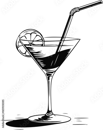 Black and white hand-drawn cocktail glass with straw vector, bold smooth ink strokes, minimal doodle style, abstract summer drink silhouette, professional high-quality vector illustration