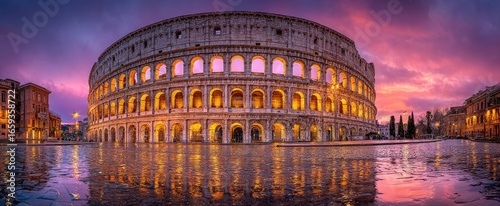 Colosseum at dawn, reflected in water