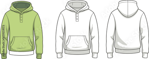 CAD drawing flat vector illustration of men's casual pullover hoodie with button placket and front pocket, fashion design, garment sketch, editable template