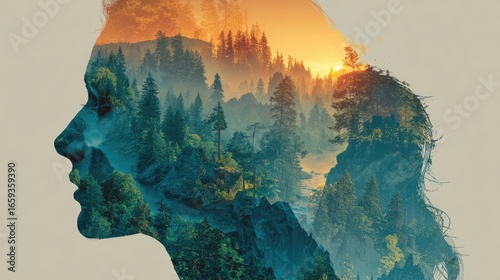 Woman's profile, a double exposure of a landscape within her head