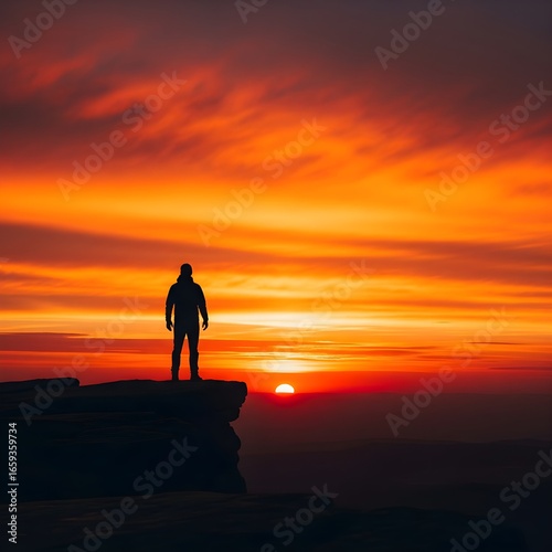 Silhouette of a man standing on a cliff during a vibrant sunrise.