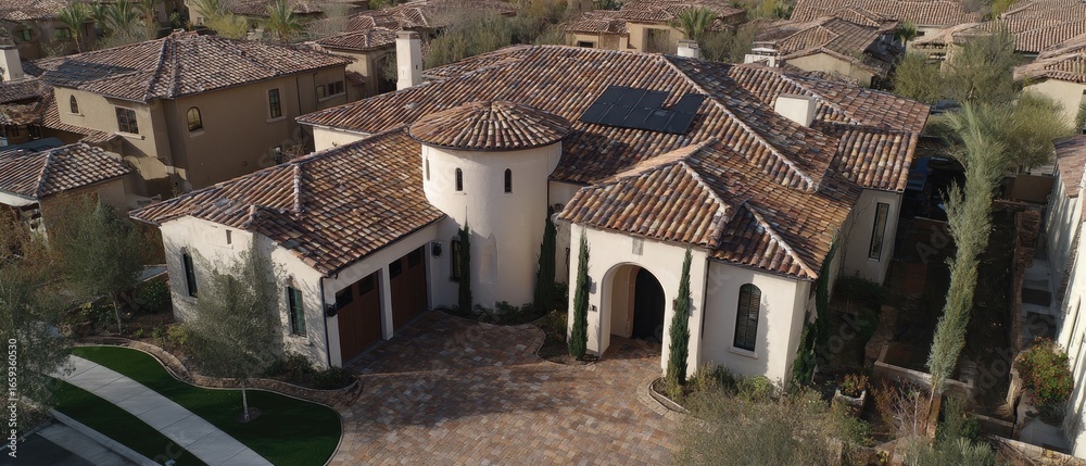 Fototapeta premium Mediterranean-style house with terracotta tile roof, aerial view