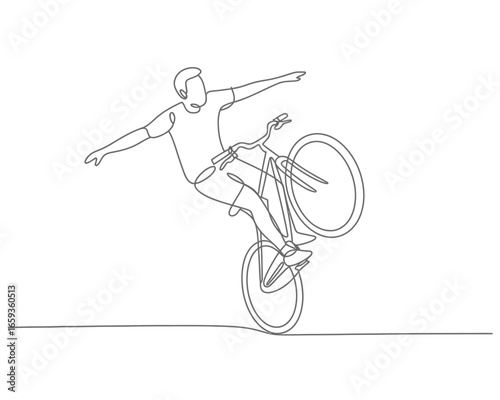 One line drawing of a cyclist performing a wheelie trick