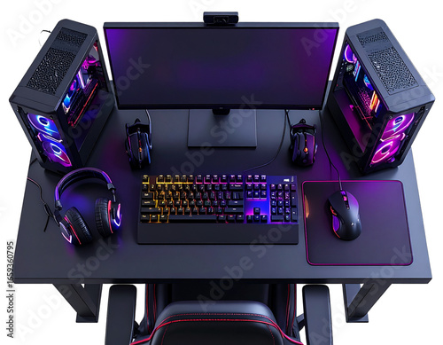 A - Top-Down View of Gaming Desktop Setup with RGB Accessories, Transparent PNG