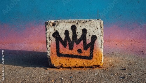 Graffiti crown painted on concrete block, urban street art, colorful background