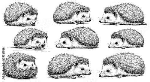 Collection of hedgehogs in different poses vintage ink sketch doodle black and white vector illustration on white background, engraving woodcut style