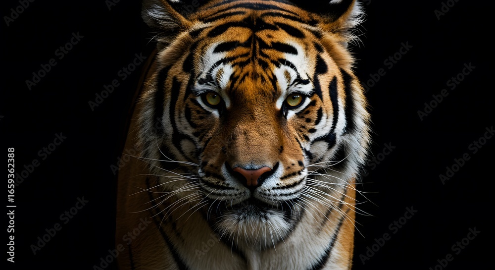 Fototapeta premium Closeup of a tigers face focusing on its intense gaze orange and black stripes and white whiskers against a dark background