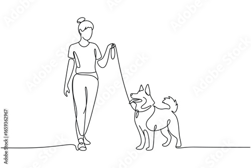 Person walking a dog on a leash in a continuous line drawing style