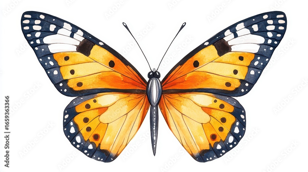 Fototapeta premium Beautiful symmetrical monarch butterfly illustration art. Orange insect with vibrant wings and delicate pattern. Wildlife specimen, detailed nature macro, colorful design, perfect for naturalist,