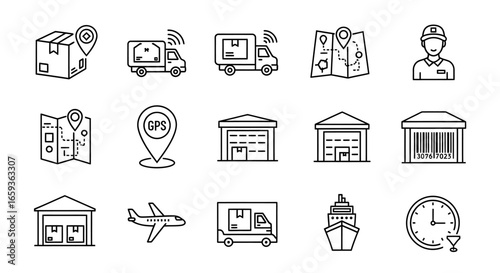 Logistics and shipping service icon set in a minimalist thin line style Includes package tracking transport warehouse and delivery symbols.