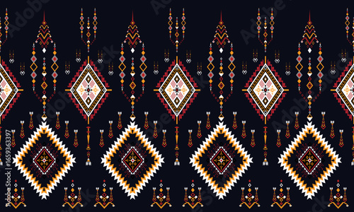 Seamless tribal geometric pattern in navy, gold, and ivory tones with diamond motifs. Ideal for textile prints, bohemian fashion, ethnic wallpaper, and cultural design projects.