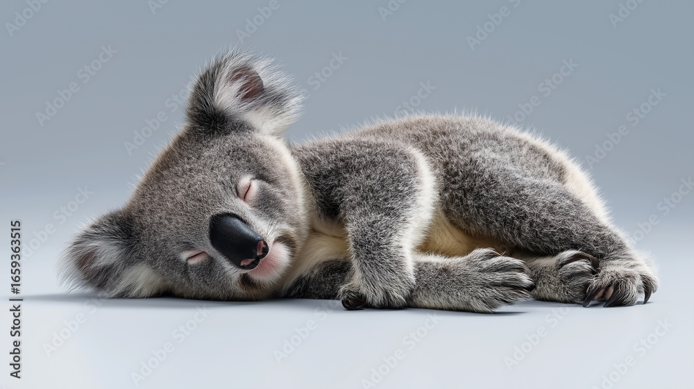 Fototapeta premium Cute koala sleeping peacefully on a flat surface. 