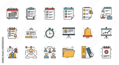 Colorful filled outline icon set for business project management planning and productivity featuring calendars checklists and team symbols.