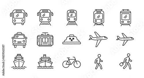 A diverse set of black line art icons representing various modes of public and personal transportation.