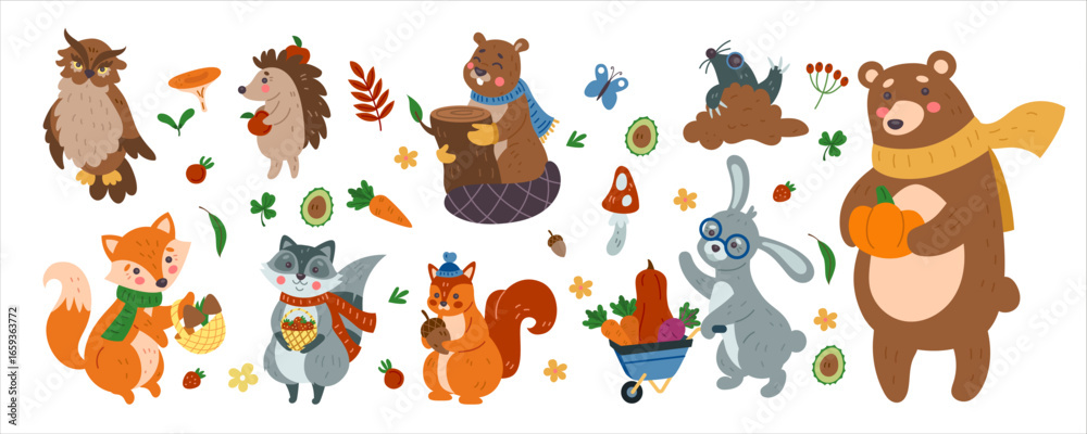 Obraz premium Autumn animals. Fall forest. Bear hold pumpkin, cute fox, funny rabbit, squirrel and hedgehog with harvest. Cute mushroom and leaf. Woodland celebration scrapbook. Vector cartoon tidy isolated set