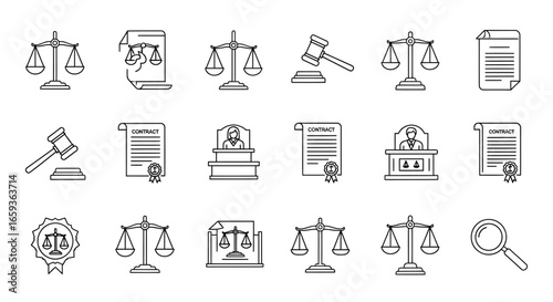 Set of Law and Justice Line Art Icons Featuring Scales Gavel and Legal Documents.