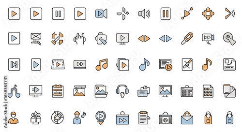 A collection of modern multimedia and user interface line icons with orange and blue color fills.