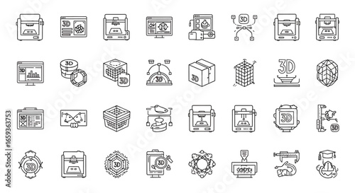 Collection of monochrome outline icons for 3D printing scanning and digital fabrication.