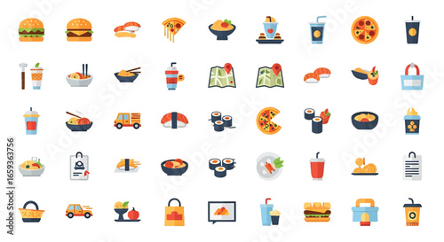 Vibrant flat icon set featuring fast food Asian cuisine drinks and online delivery service elements.