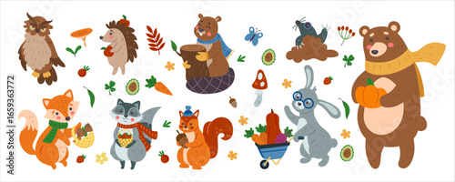 Autumn animals. Fall forest. Bear hold pumpkin, cute fox, funny rabbit, squirrel and hedgehog with harvest. Cute mushroom and leaf. Woodland celebration scrapbook. Vector cartoon tidy isolated set
