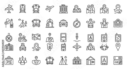 Travel tourism and navigation icon set Black outline symbols for transport location and accommodation presented in a grid layout.