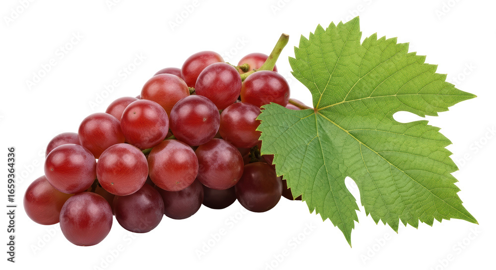 Fototapeta premium Isolated Bunch of Red Grapes with Leaf on White Background