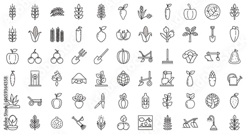 Agriculture and farming thin line icon set featuring various crops plants and garden tools.