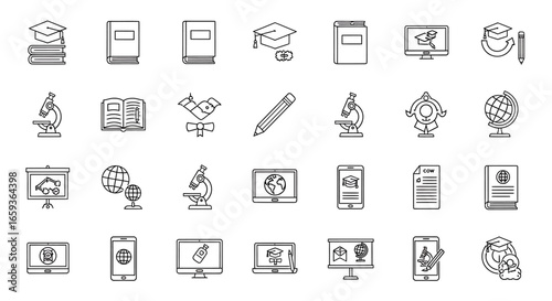 Set of education and e-learning line icons with graduation caps books and microscopes.