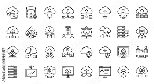 A collection of cloud computing and data hosting line icons Minimalist black outline symbols for web services networking and security.