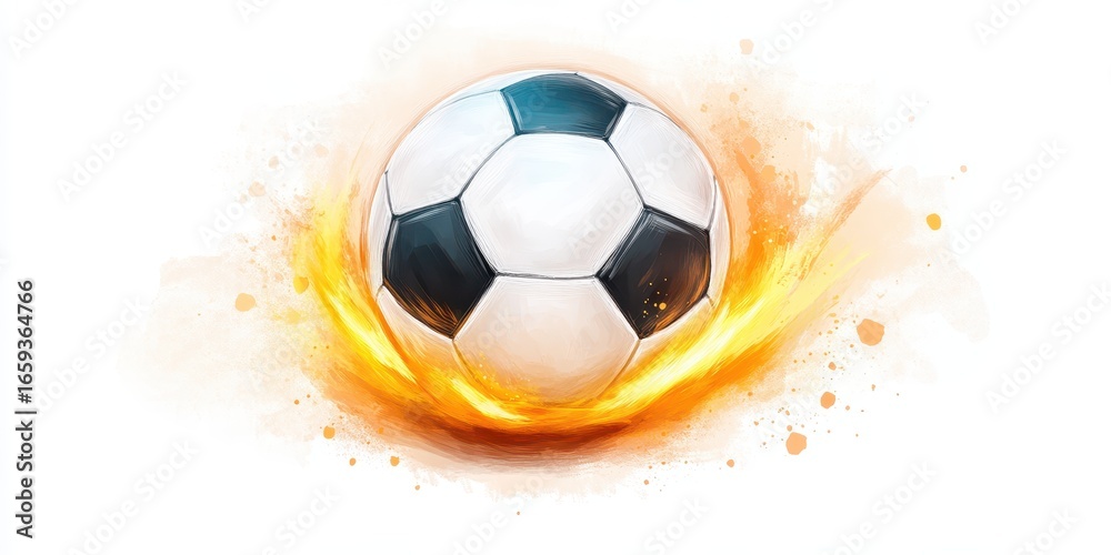 Naklejka premium Soccer football ball dynamic fire illustration. Sport ball in action, motion and energy. Dynamic flames, abstract paint, vibrant texture, modern digital background, energetic competition, athletic