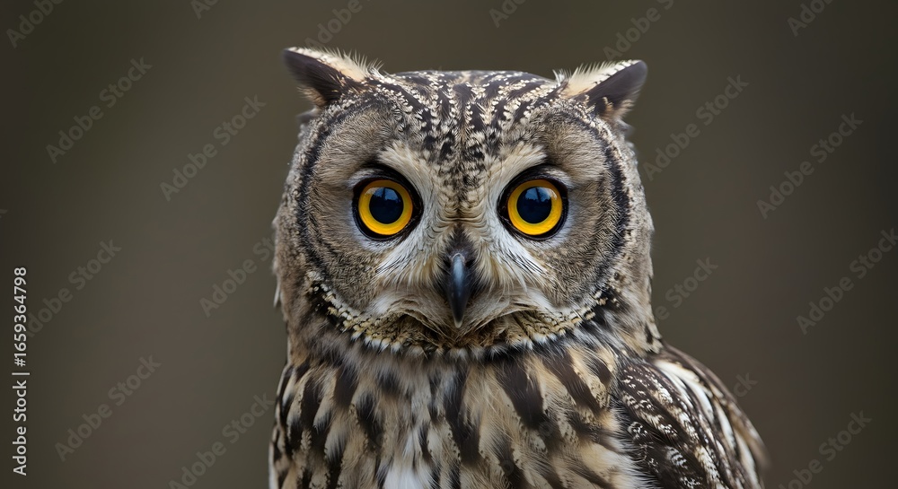 Obraz premium Closeup of an owl with yellow eyes The owls feathers are brown and beige