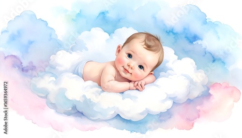 A cherubic baby lies peacefully on a fluffy cloud, nestled amongst pastel-colored watercolor clouds