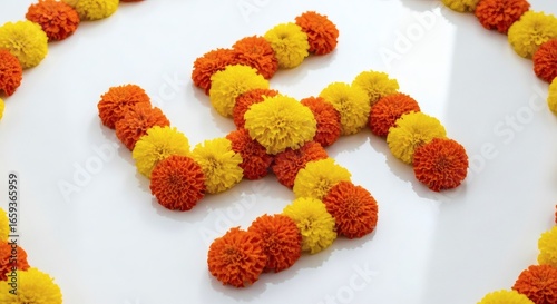 Diwali swastika symbol made of orange and yellow marigold flowers isolated on white background, representing auspiciousness in hinduism