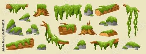 Cartoon moss plants. Slichen, vines on log, tree trunk, stone with green. Jungle vegetation, swamp texture for game. Vector cartoon flat style isolated illustration, forest element garish background