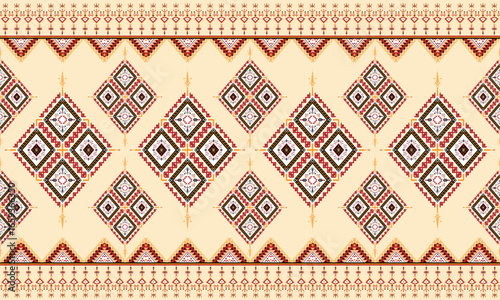 Seamless tribal geometric pattern in navy, gold, and ivory tones with diamond motifs. Ideal for textile prints, bohemian fashion, ethnic wallpaper, and cultural design projects.